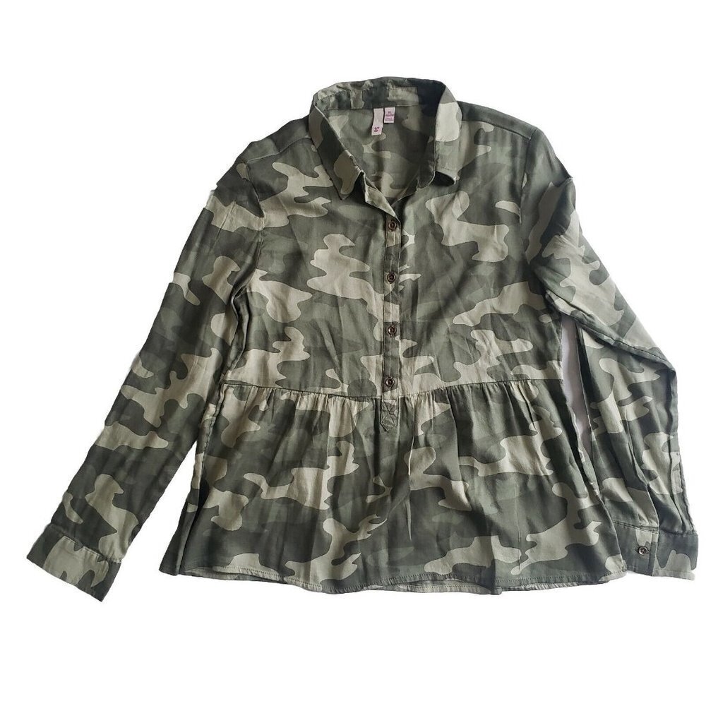SO Junior's Girls Camo Jacket Top XL 14/16 Olive Green Military Button Up